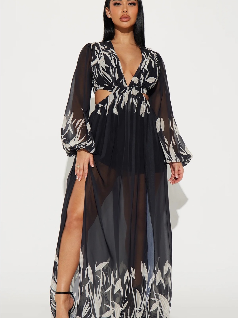 Fashion Nova Black Sheer Maxi Dress with Cream Leaf Print